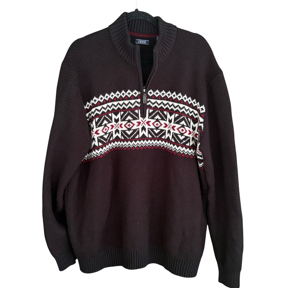 Izod Mens Fair Isle Sweater XXL Black Red White Fairisle Quarter Zip Prep Nordic